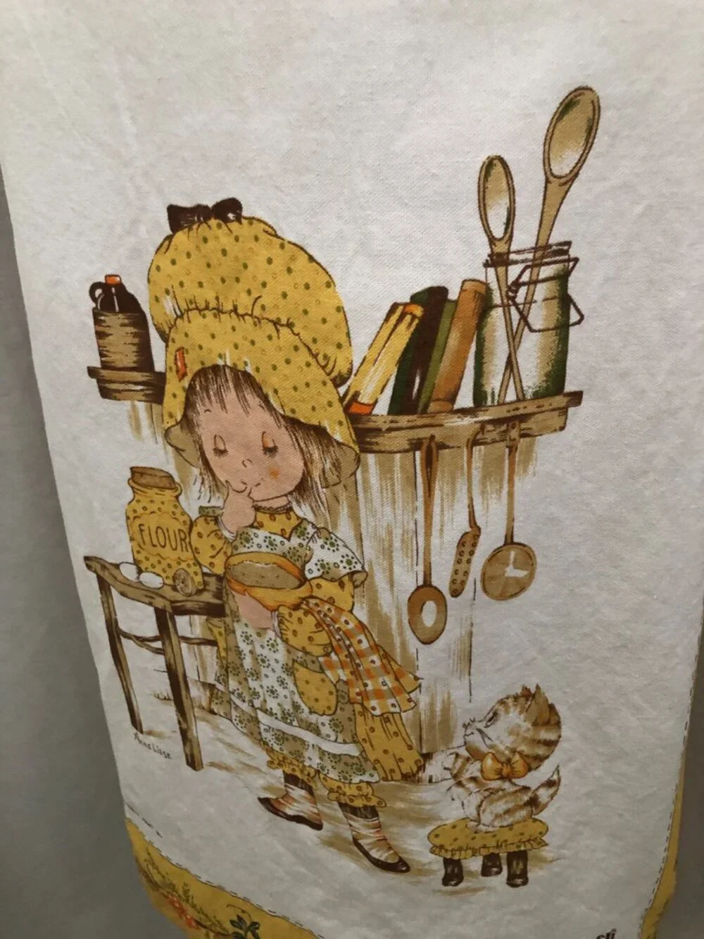 Vintage 70s Bib Apron Anne Liese Sweet Bonnet Wearing Girl with Kitten